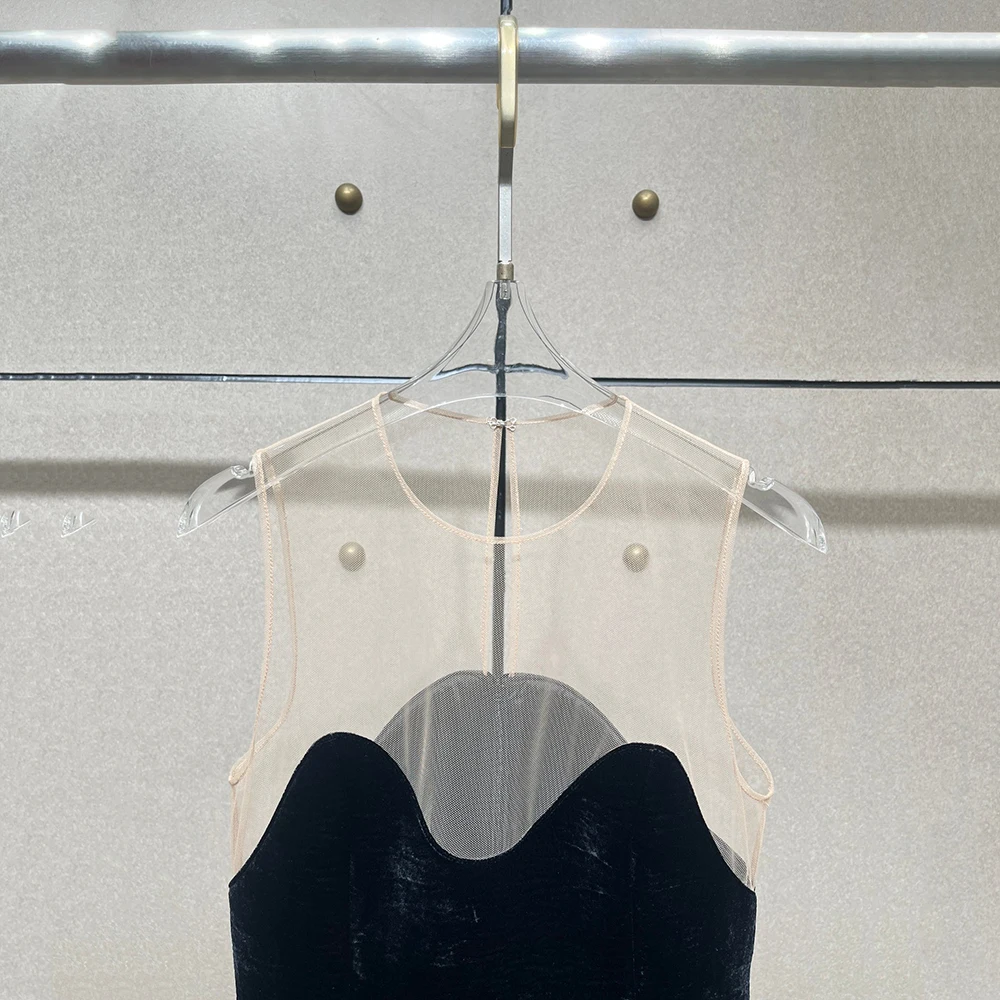 메쉬 벨벳 패치워크 여성 드레스 Y2K 섹시한 시스루 우아함 라운드 넥 민소매 드레스 2025 가을/겨울 신상품