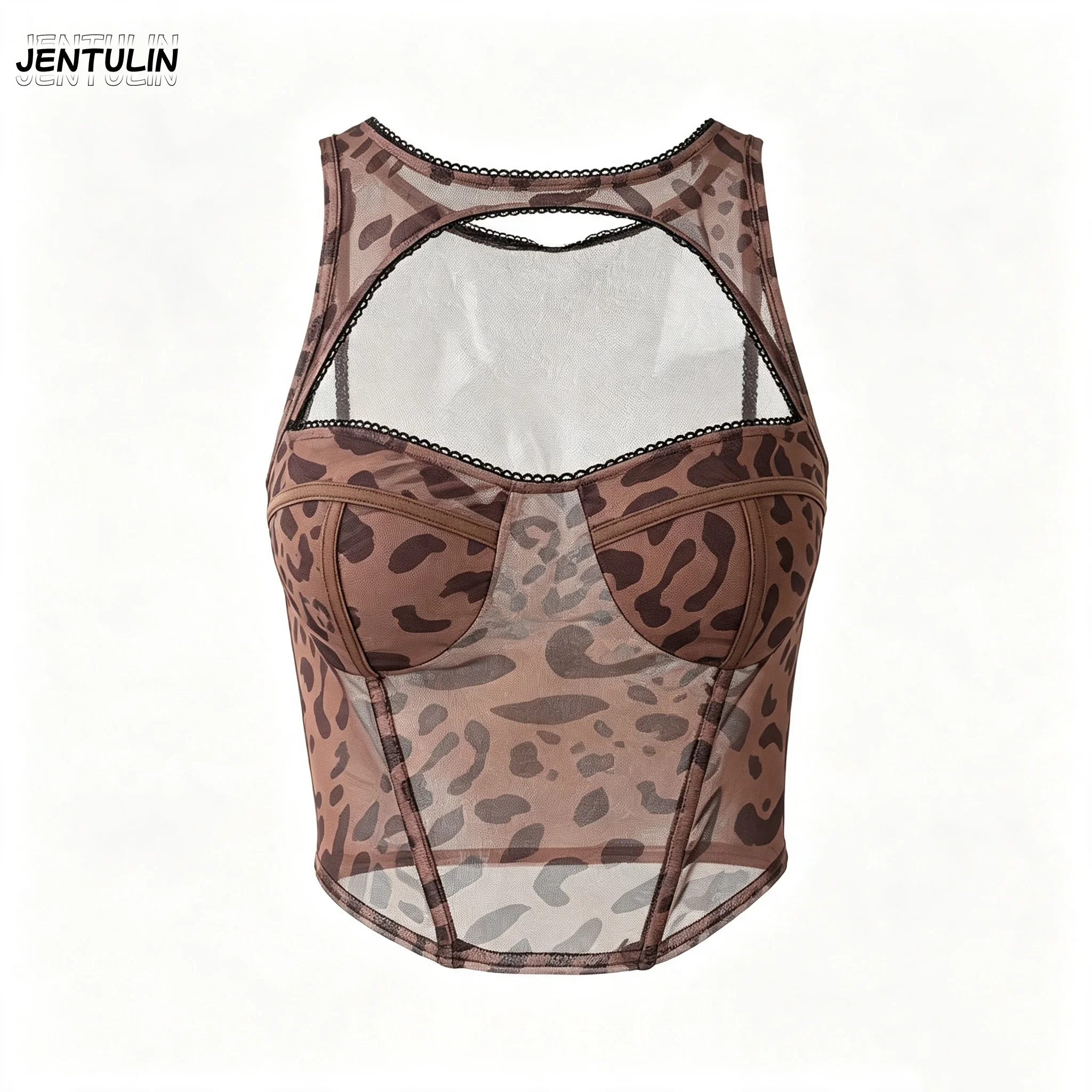 Y2K Leopard Print Mesh Tank Top Out Lace Trim Slim Fit Cropped Bustier Top Vintage Streetwear Club Party Camisole