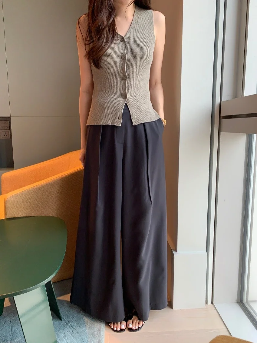 

Slim Fit V-Ne Svel Knitted Vest Women's Faion Summer Chic Single Button Pure Color Casual Commute Sle