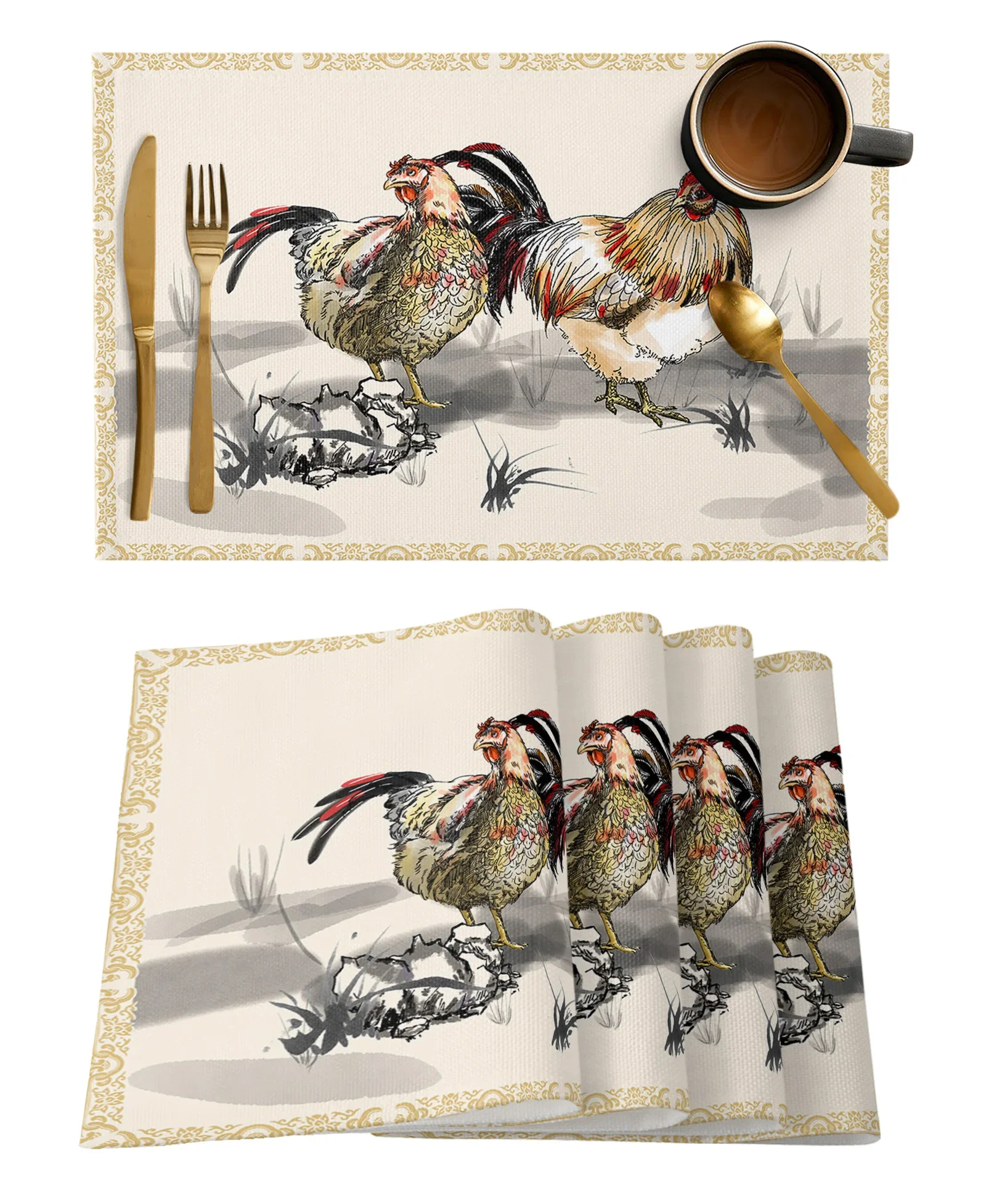 Ink Painting Animal Chicken Placemat Wedding Party Dining Decor Linen Table Mat Kitchen Accessories Table Napkin