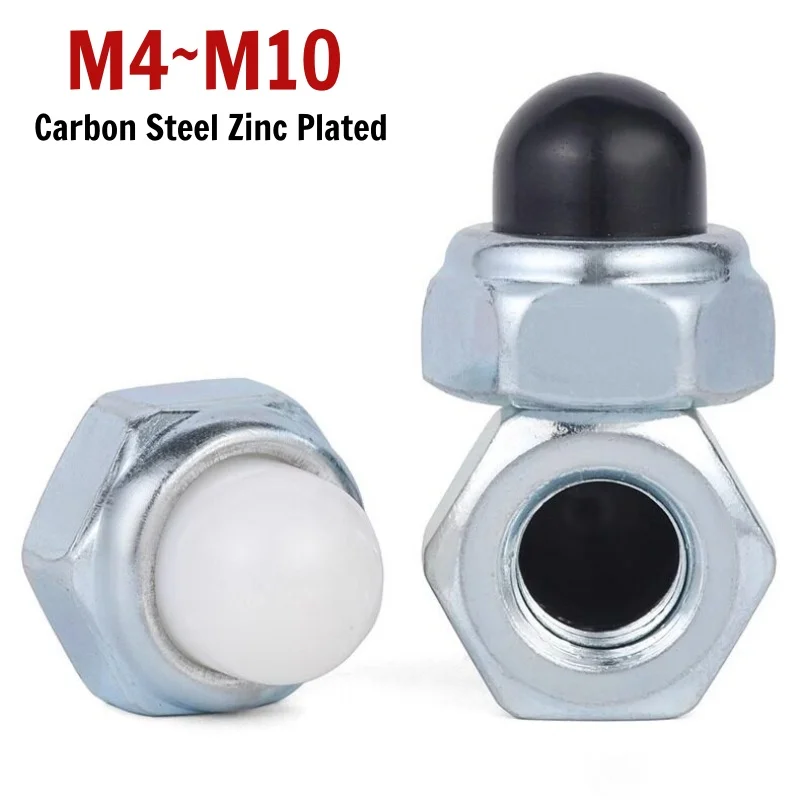 M4 M5 M6 M8 M10 M12 Carbon Steel Zinc Plated Nyloc Acorn Cap Nuts Black/White Nylon Dome Anti-Vibration Decorative Lock Nuts