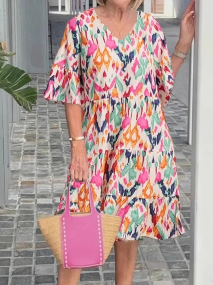

Fashion Print Loose Dress Lady Casual V Neck Short Sleeve Pullover Dresses For Women Holiday Streetwear Womens Clothing Summer