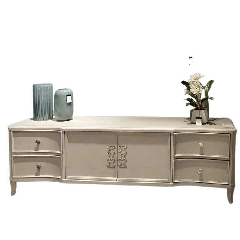 

American light luxury white old curved solid wood TV cabinet coffee table French retro metal carved living room