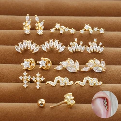 2PCS Stainless Steel Cross Crown Ear Stud Earrings for Women Zircon Ear Helix Tragus Cartilage Piercing Accessories Jewelry Gift