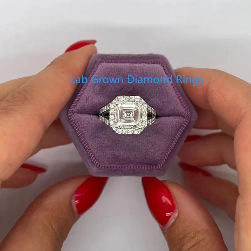 

4CT IGI CERTIFIED DEF VS-VVS Asscher Cut CVD HPHT Lab Grown Diamond Halo Split Shank Engagement Ring Platinum 950 Ring For Lady