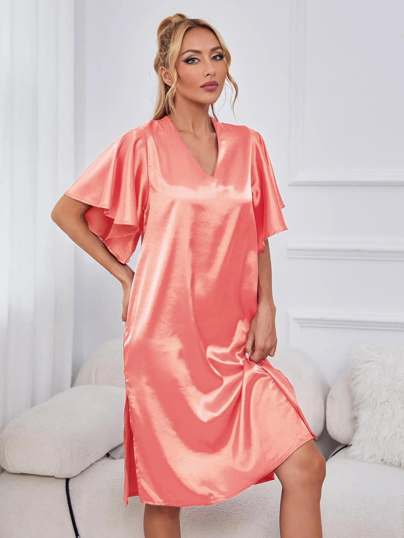 Silk Satin Women Nightgown Side Split Sexy Sleepwear V Neck Homewear Summer Short Sleeve Nightwear Dress Pajamas Underwear Cloth