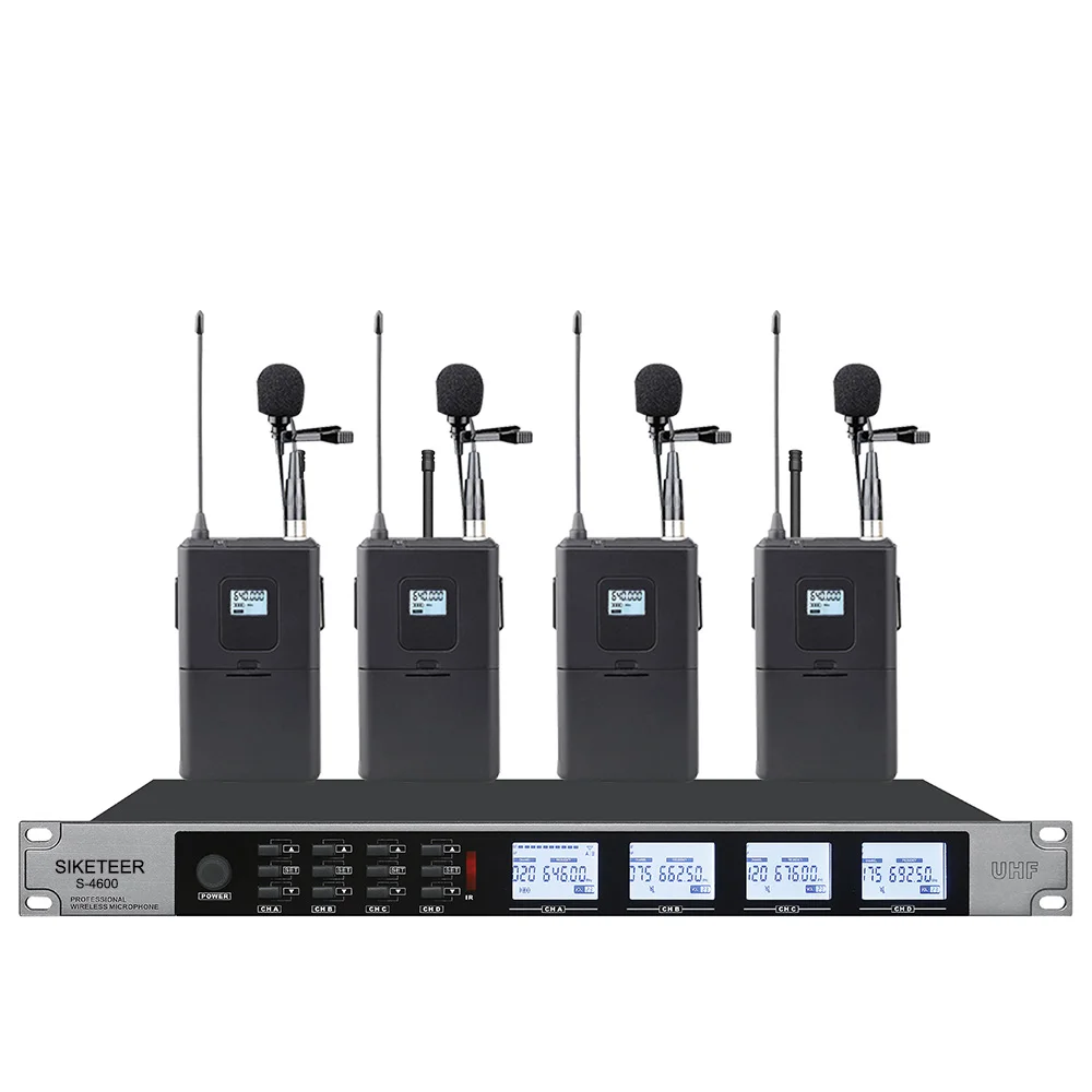 

Wireless Microphone System Professional 4-Channel UHF Lavalier Mic Set for Stage Performances Houses of Worship Meeting Rooms