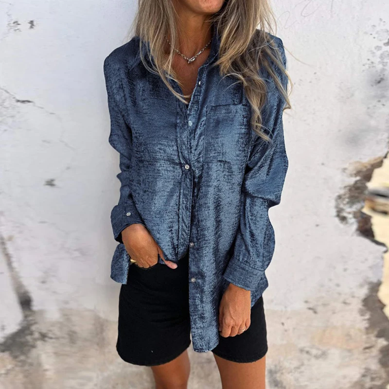 Women Casual Suede Fashionable Lapel Shirt Spring Elegant Single Breasted Office Blouse Autumn Long Sleeve Loose Long Tops Mujer