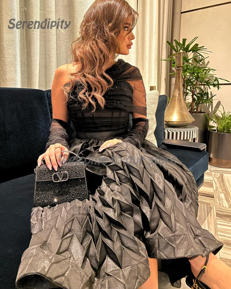 Elegant Evening Dress For Sexy Women 2024 فساتين مناسبة رسمية A-Line One-Shoulder Luxury Lace Pleat Black Cocktail Prom Gown