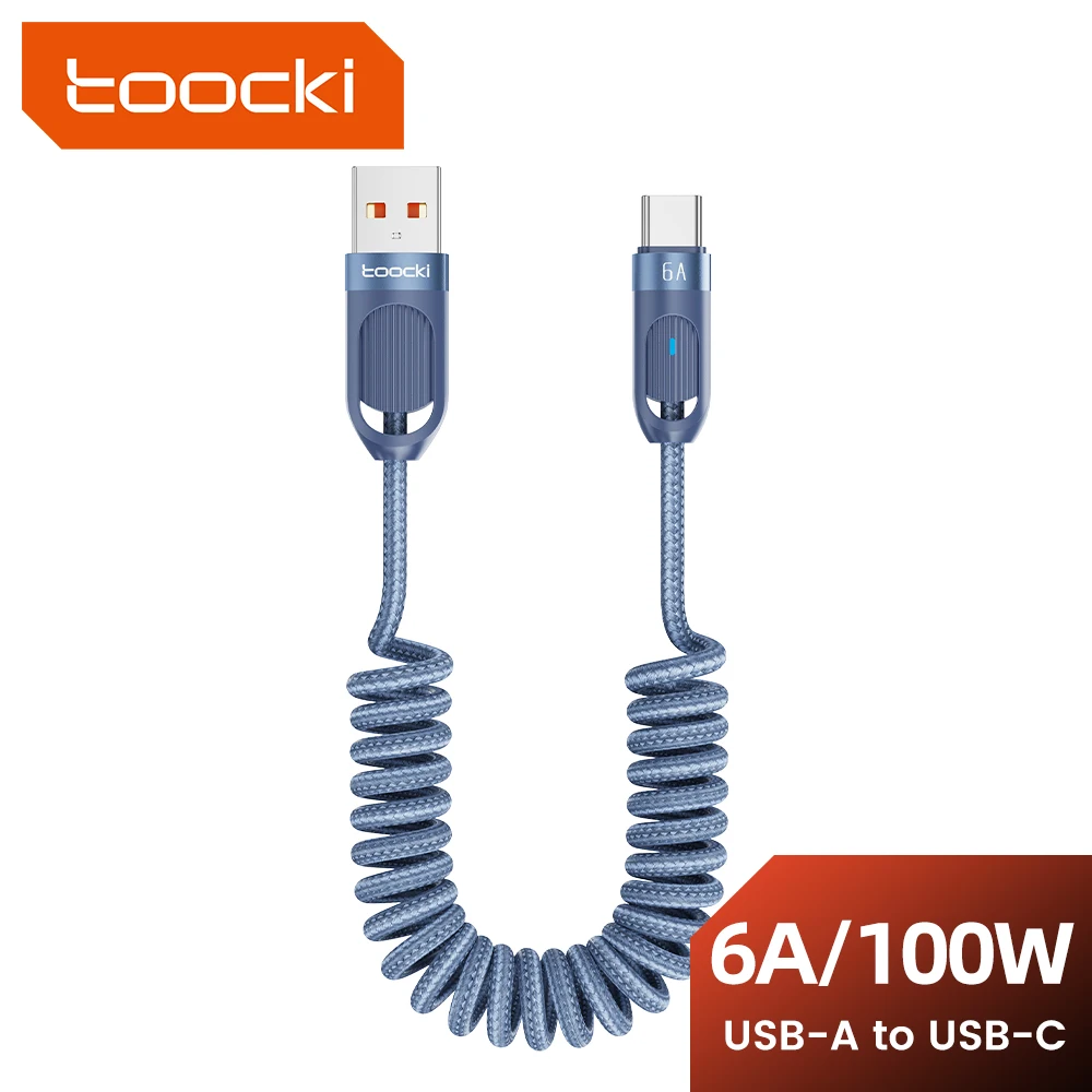 Toocki 6A USB Cable for iPhone 15 Pro Max LED Display High-Speed Spring USB C Wire for Xiaomi Samsung Type C Phone Charger Cord