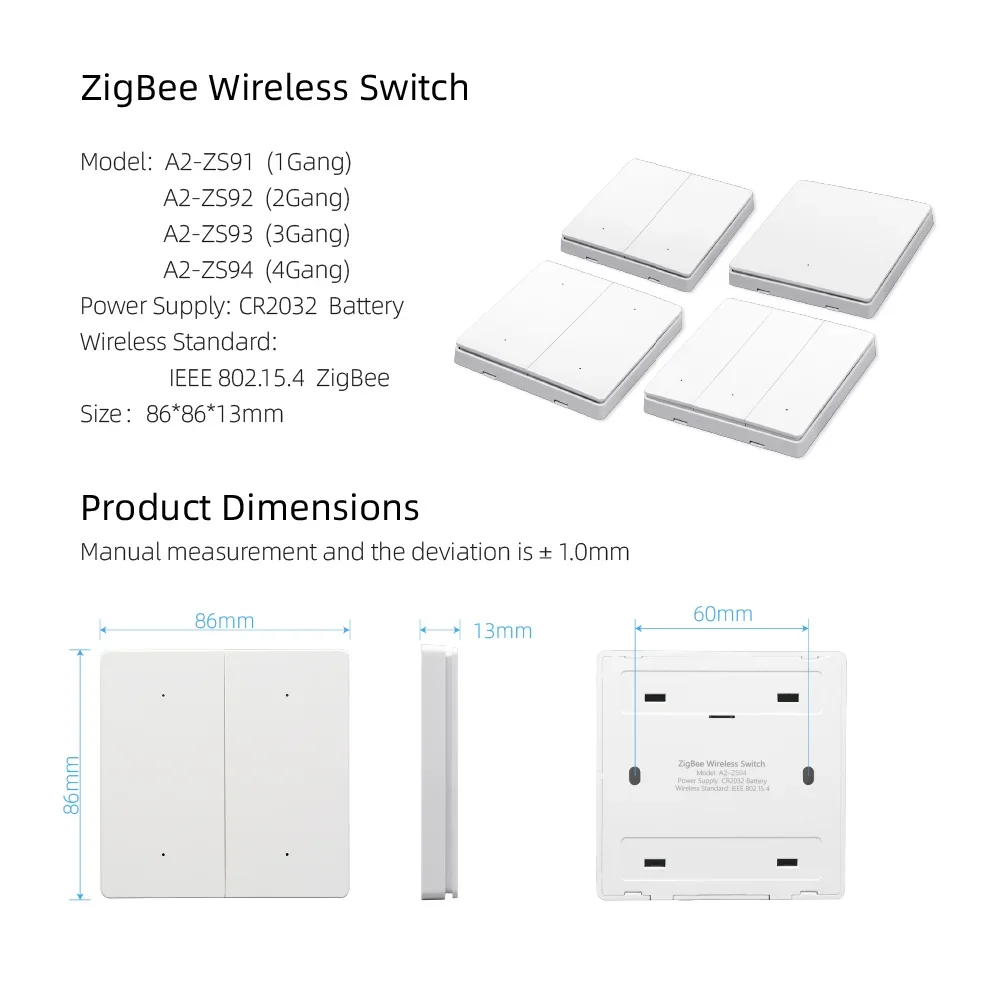 Tuya Zigbee Wireless Scene Switch Remote Control 1/2/3/4 Gang Black Grey Battery Powered Work With ZigBee2mqtt Home Assistant