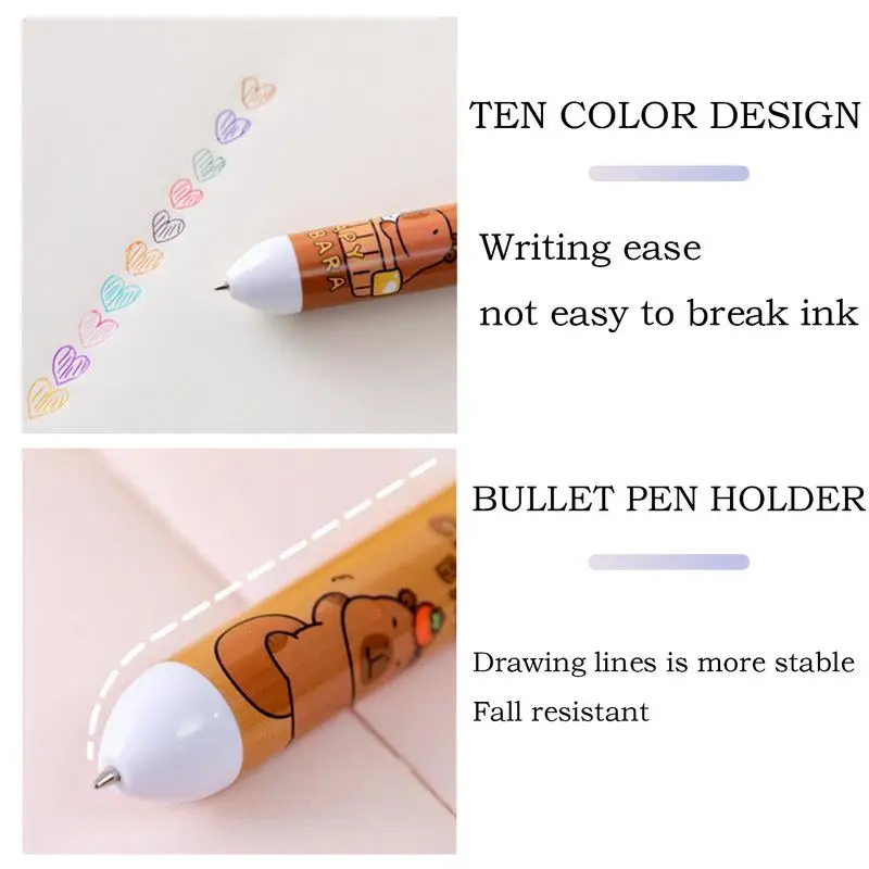 Capybara-Stylo à bille 10 en 1, mignon, 0.5mm, encre gel colorée, fournitures scolaires et de bureau