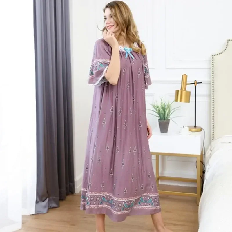 

Long Casual Holiday Summer Short Cotton Print Nightgown Dress Plus Loose Sleeve Ladies Nightshirt Size Women Nightdress