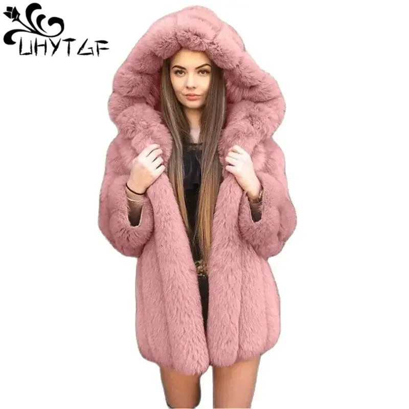 

Fluffy Hooded Faux Fur Coat Womens Winter Jacket Female Splice Thick Warm Overcoat Long Sleeve Elegant Ladies Fox Fur Jacket 530