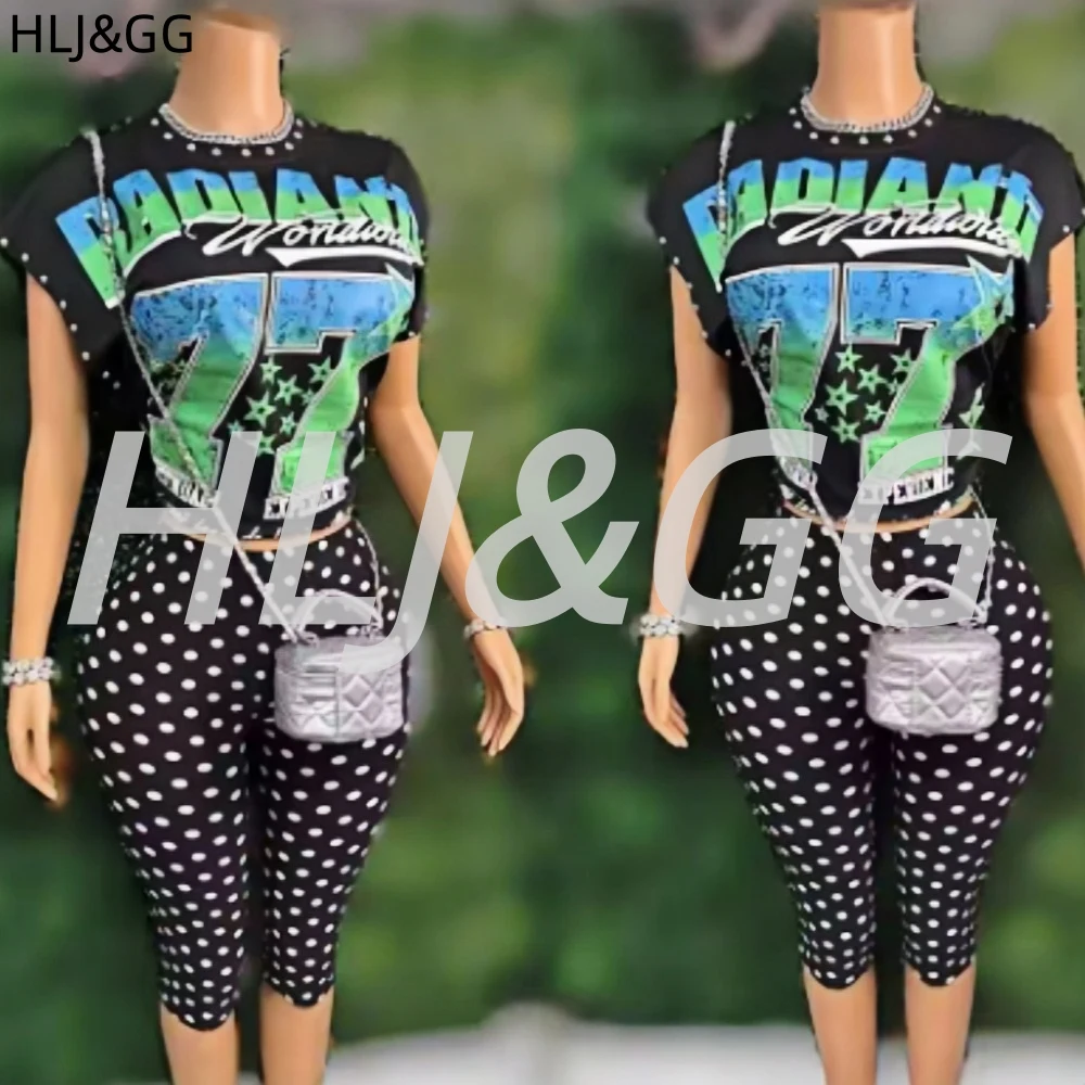 

HLJ&GG Fashion Retro Pattern Print Two Piece Sets Women O Neck Sleeveless Crop Tshirts And Polka Dot Shorts Outfits Streetwear