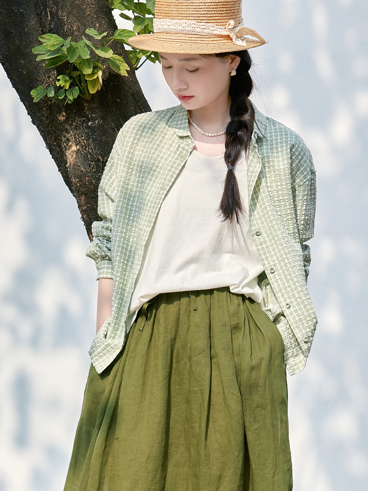 

Gujia Textured Color Woven Long Sve irt Artistic Pure Cotton Plaid irt Spring New Sle Loose Fit Button Detail Women'...