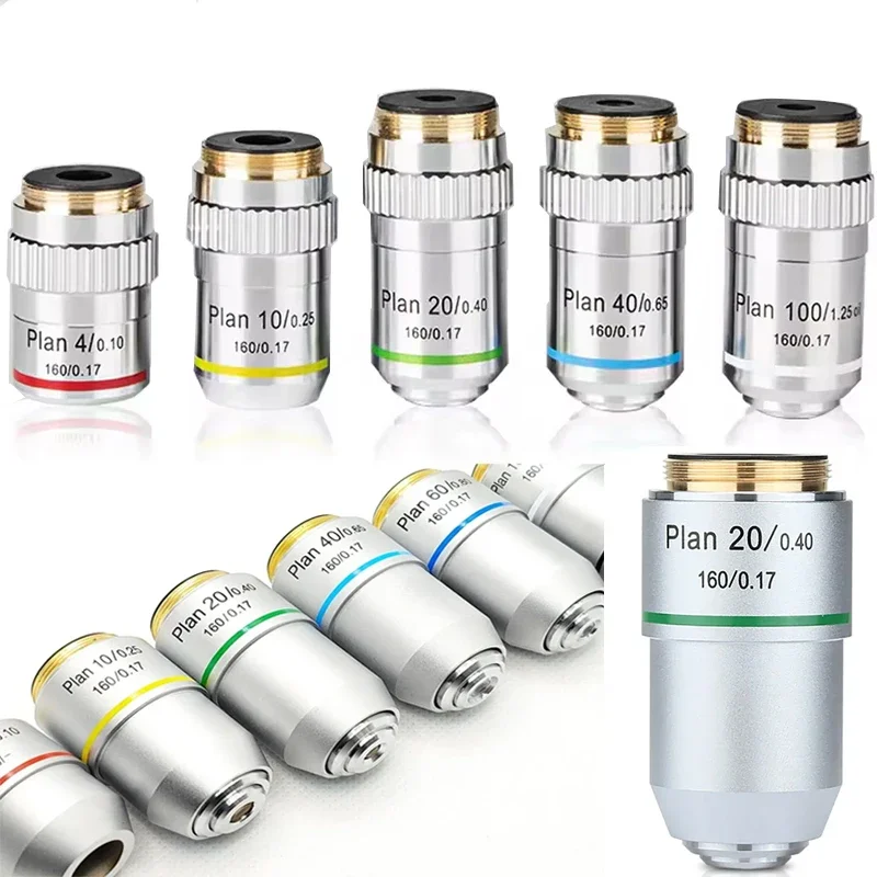 Microscope Plan Achromatic Objective Lens 4X 10X 20X 40X 100X Biological Metallurgical Microscope Objectives 20.2 RMS Thread