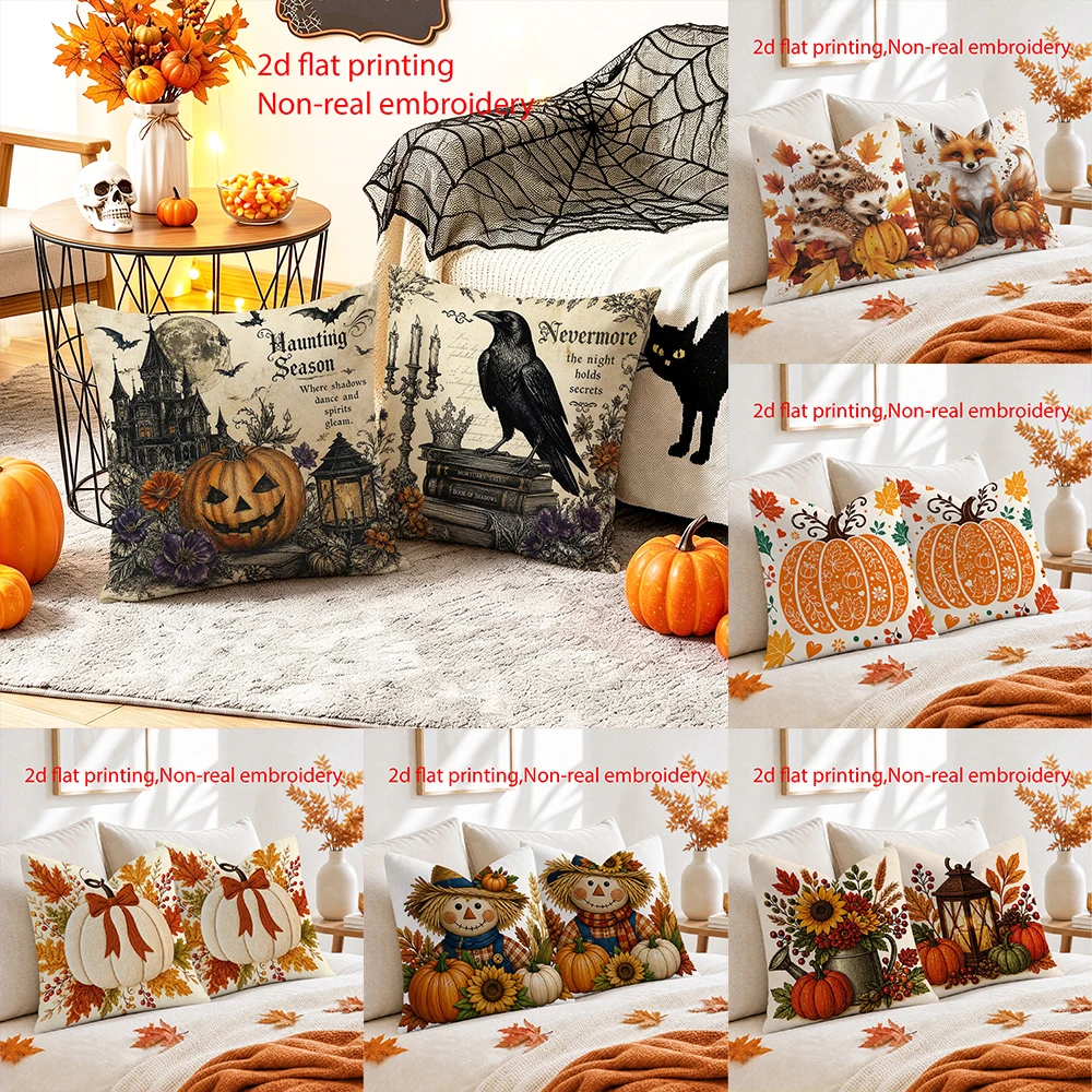 2pcFall Halloween Throw Pillow CoversSet Vintage Spooky Season Pumpkin Crow Farmhouse Cushion Cases for Sofa Bedroom Couch Decor