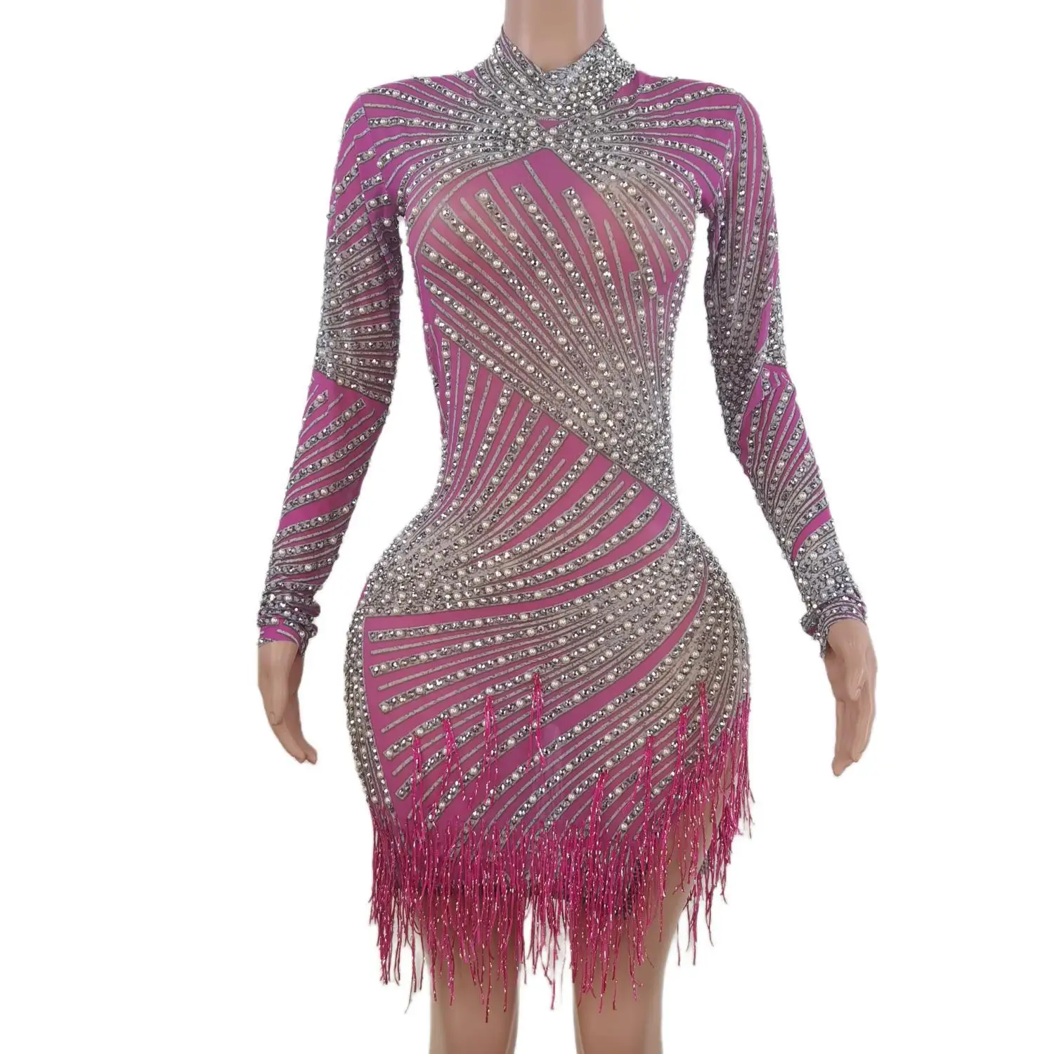 Vestidos de baile de luxo para as mulheres 2023 rosa mini saia lantejoulas strass borla vestido das mulheres manga larga w2112014