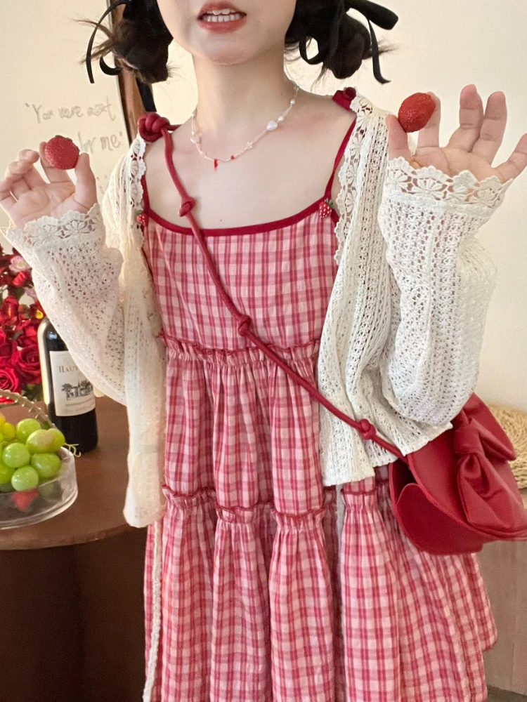 

Summer Japanese Kawaii Two Piece Set Women Sweet Lolita Strap Dress Suit Female Red Plaid Cute Dress＋Hollow Out Cardigans 2023
