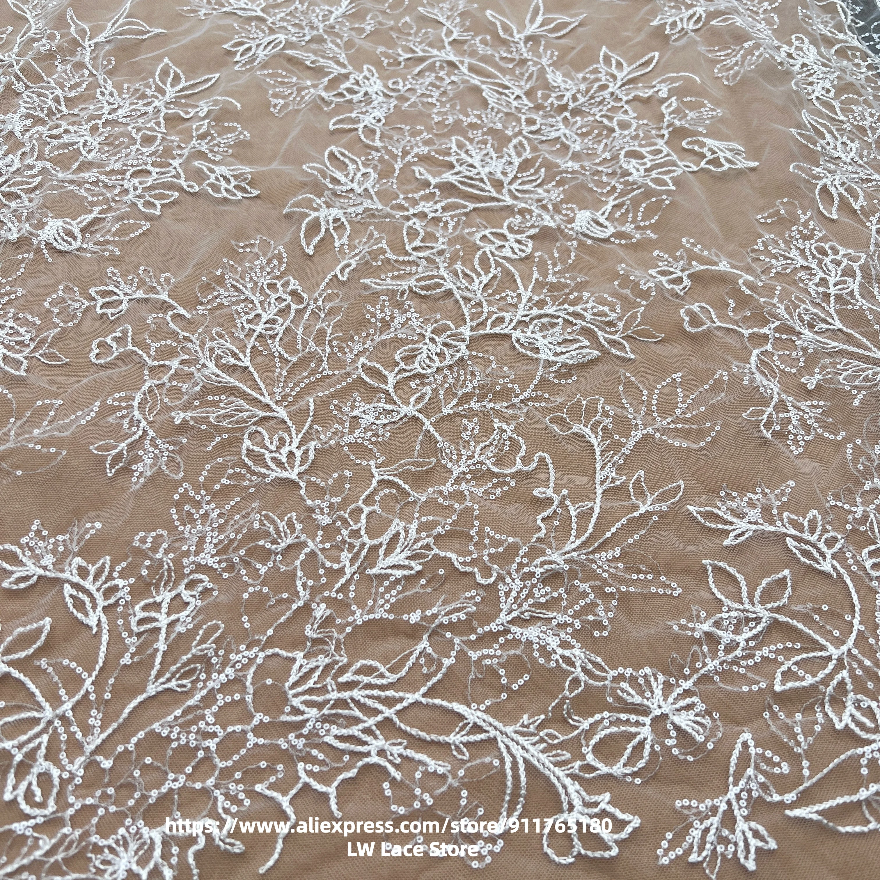 

Small Delicate Sequins Sparkly Lace 1 Yard 2023 NEW Off White Hollow See-through Skirt Dress Material