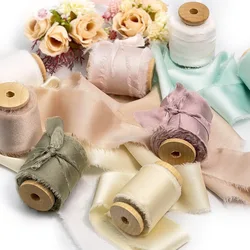 Nastro di raso di seta 3 rotoli di bobina di legno nastro sfilacciato fatto a mano per confezioni regalo Baby Shower Bouquet da sposa decorazioni natalizie