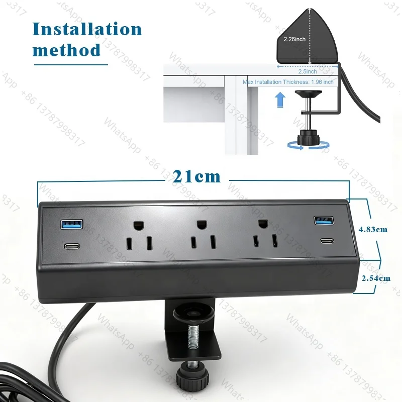 3 Outlets 40W Total Fast Charging Station 2 PD 20W USB C Ports Desk Clamp Power Strip Desk Edge Mount Surge Protector for Home