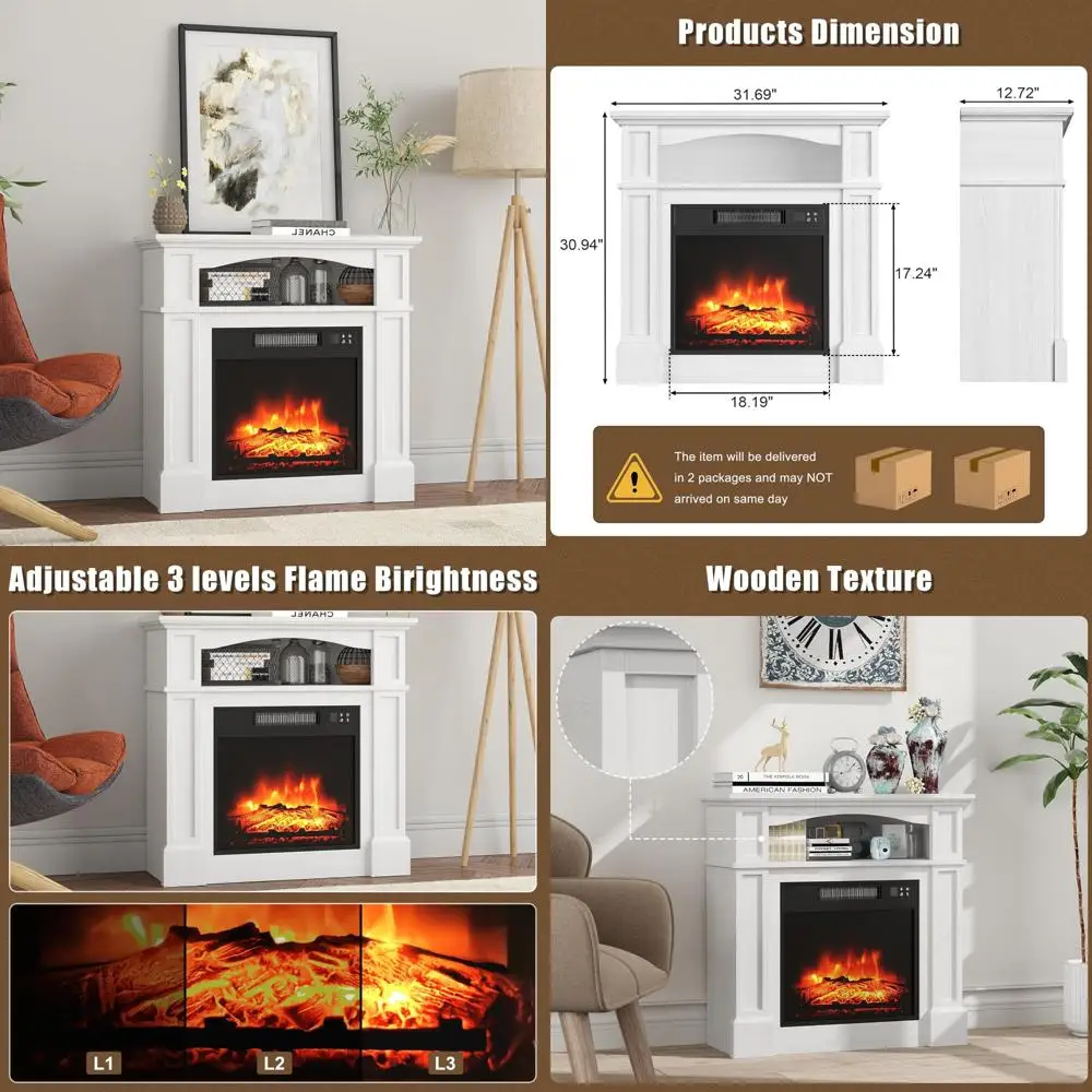 

Compact 32-Inch Electric Fireplace Mantel with Central Cabinet, 1400W Freestanding Unit, Remote Control Included, Ideal for Smal