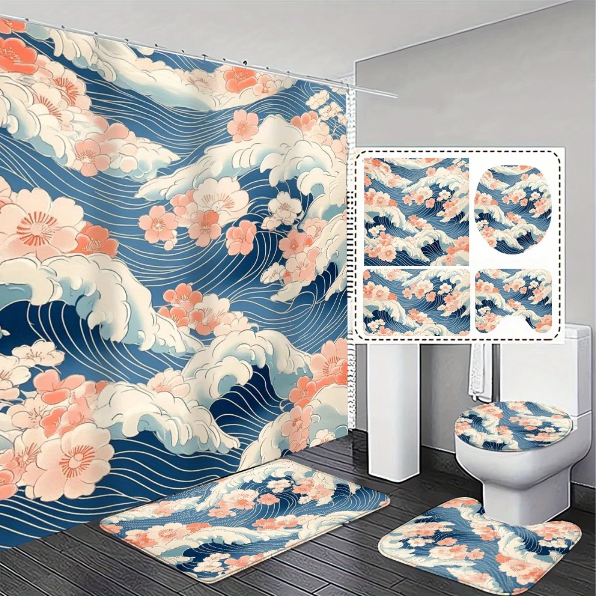 4pcs Multifunctional High Quality Shower Curtain and Non-Slip Absorbent Bath Mat Set with Ocean Wave Design Exquisite and