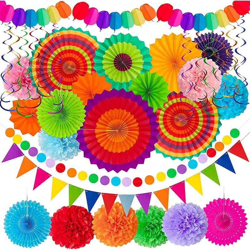 33pcs Paper Fans Garland Pom Poms Flowers Garland Christmas Halloween Decoration Wedding Baby Shower Birthday Party Home Decor