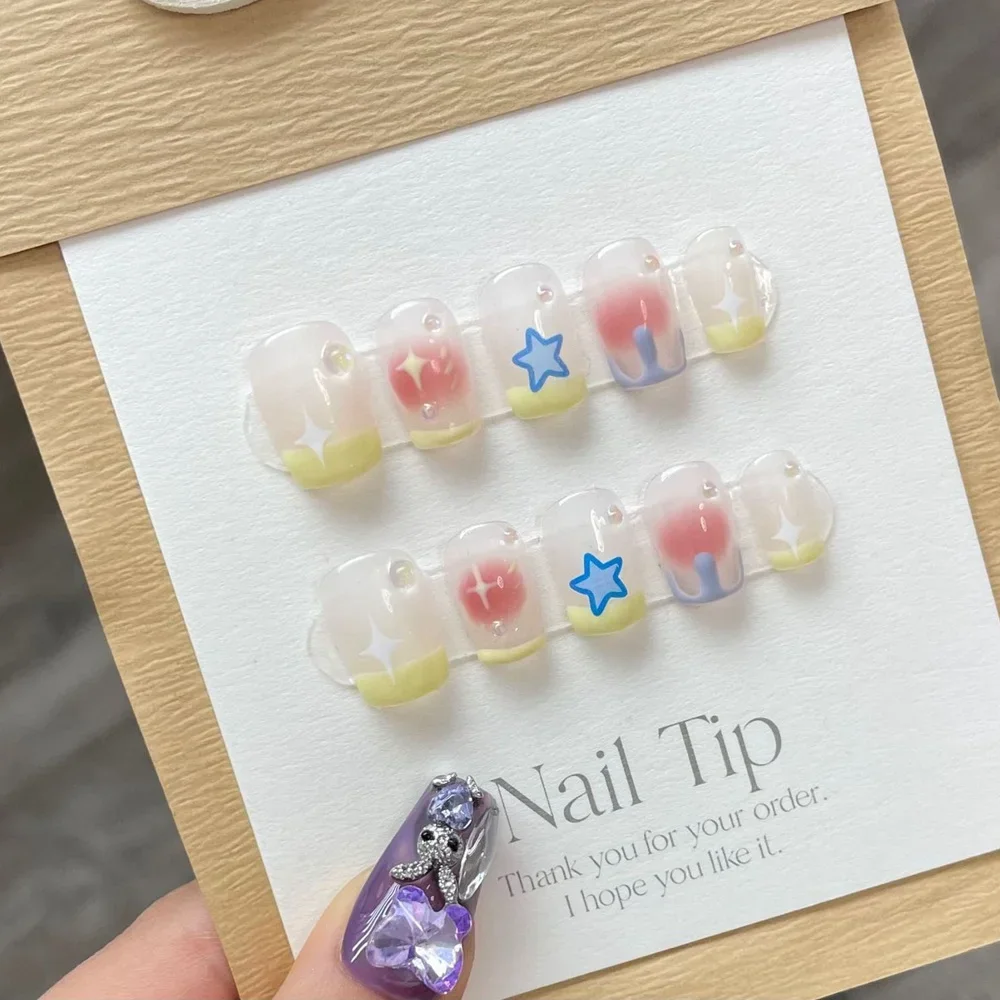 

Handmade Kawaii Press on Nails Short Yellow Korean Reusable Adhesive False Nails Cute Star Design Acrylic Full Cover Nail Tips