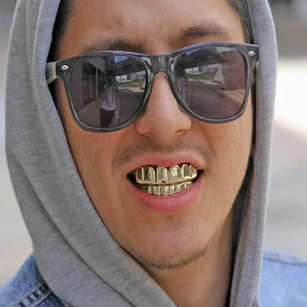 Aparelho dentário dourado masculino, joias brilhantes de Hip Hop, acessórios europeus e americanos