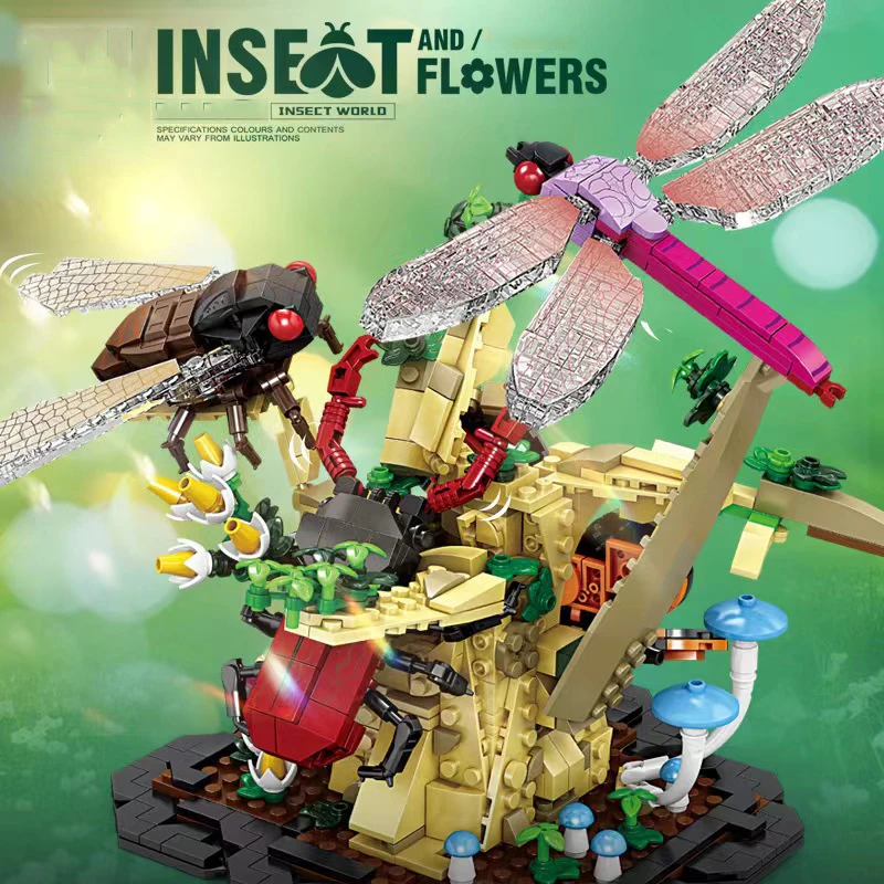 6IN1 Insects and Flowers Building Blocks Butterfly Beetle Dragonfly Cicada Bricks Animal Toys For Children Gift