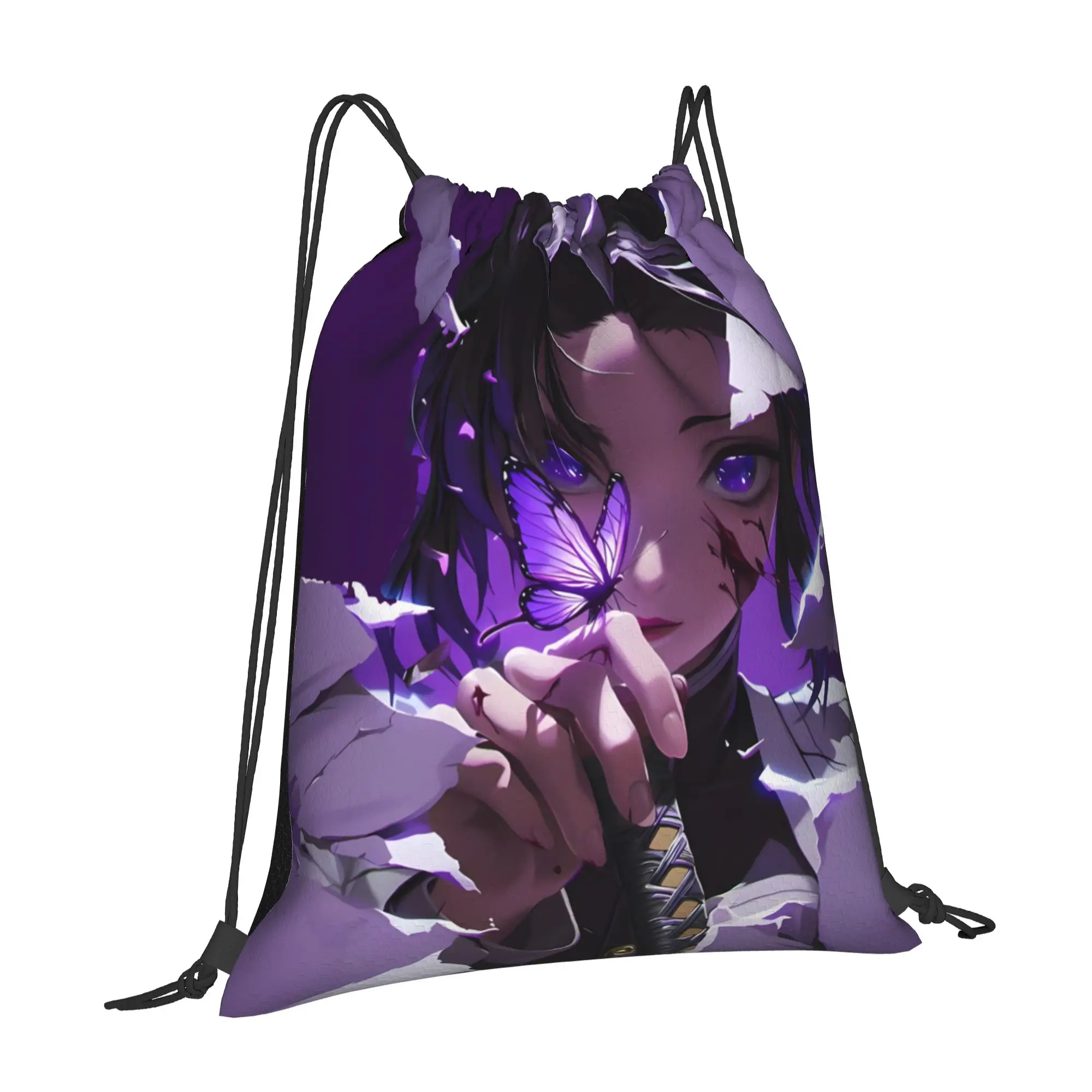 1 pc Purple Butterfly  Demon Slayer Print Drawstring Bags Men Women Storage Backpack Teenager Travel Bag