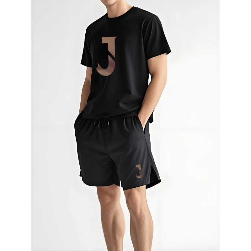 

New Men'S Navy Blue Casual T-Shirt With Stylish 'J' Letter Print Comfortable Casual Attire, Casual Summer Top Short Pants Set