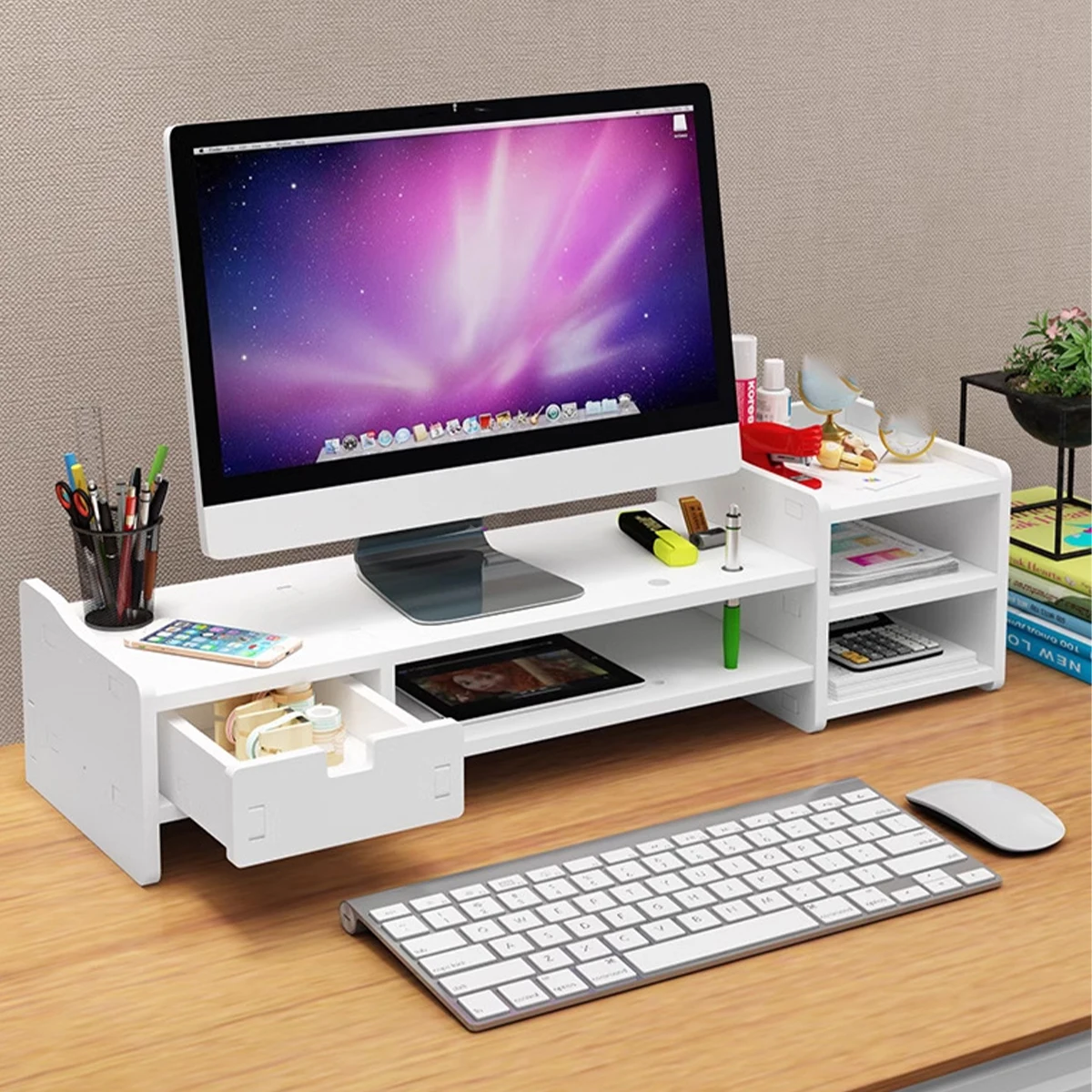 White Combination Monitor Stand Riser with Drawer & Side Shelf, 2-Tier Desk Organizer for Computer, Laptop, Home & Office