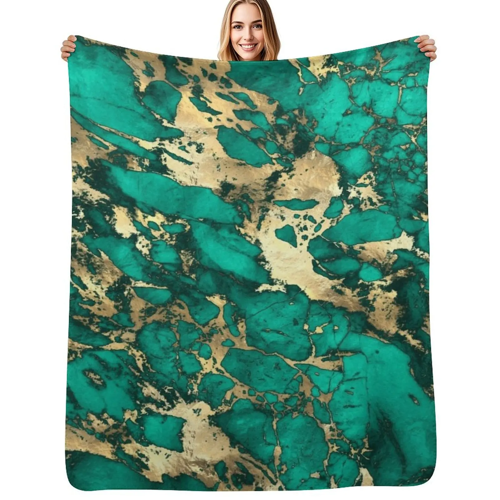 Teal And Gold Malachite Faux Marble Throw Blanket Flannel Luxury Thicken Bed for sofa heavy to sleep Blankets