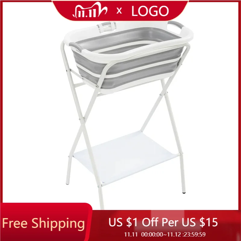 Ergonomic Avoid Bending Pet Bathtub Station Foldable with Stand, Spacious Laundry Basket & Clothes Drying Surface