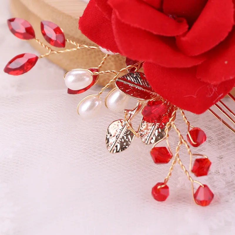 Red Rose Flowers Hair Combs Women Hair Jewelry Handmade Red Rhinestone Pearls Tiara For Wedding Bridal Hair Accessories