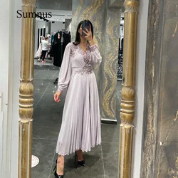 Sumnus Light Purple Chiffon Evening Dresses Appliques Long Sleeve V Neck With Button Ankle Length Evening Prom Dress A Line