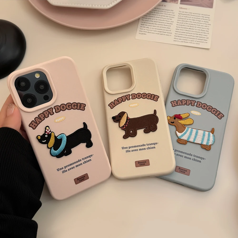 Korean Ins Cute 3D Embroidered Sausage Dog Case for iPhone 16 15 14 13 Pro Max 12 Pro Cover