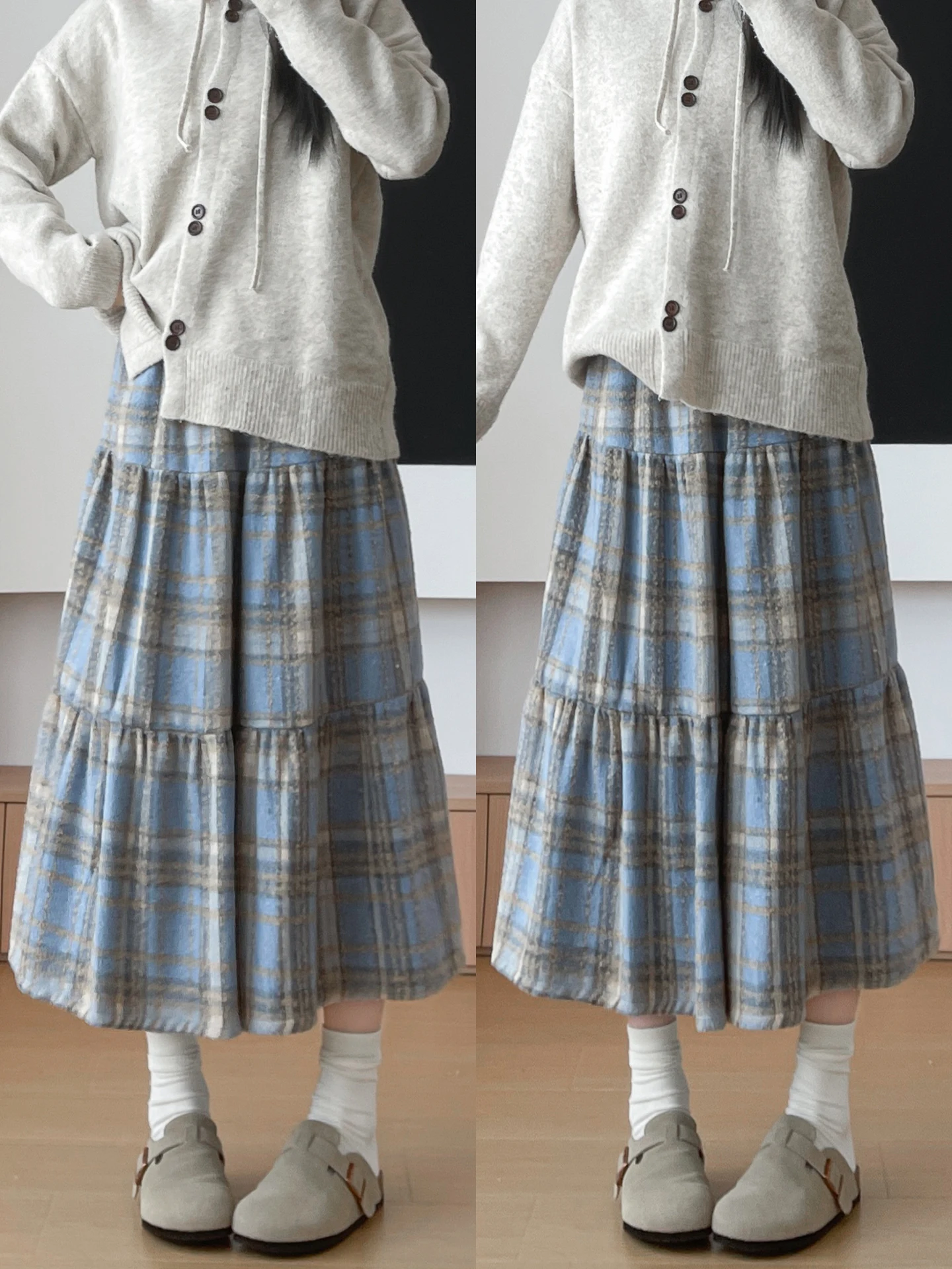 

Blue Woolen Plaid Skirt For Women Autumn Winter New Warm High Waisted Long Skirt Fashionable Elegant A-line Umbrella Skirt