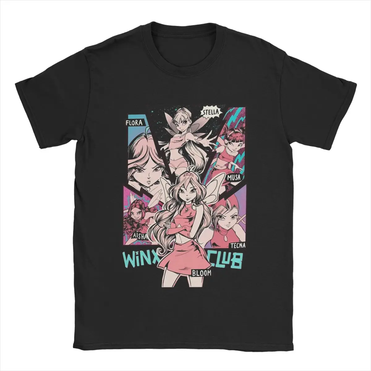 Vintage W-Winx Clubs Cartoon T-Shirts Men Crewneck 100% Cotton T Shirt Fairy Beauty Anime Short Sleeve Tee Shirt Original Tops