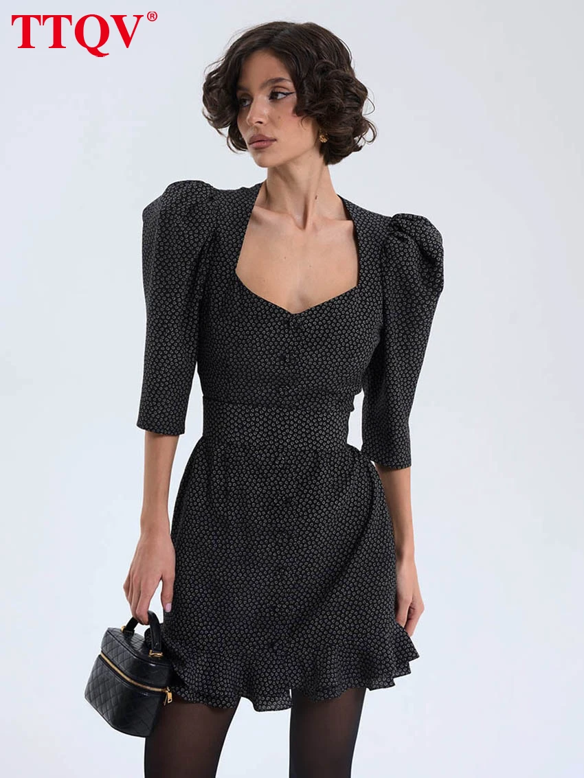 

TTQV Summer Loose Print Women's Dress Fashion V-Neck Half Sleeve Mini Dresses Elegant Classic Ruffles High Waist Female Dress