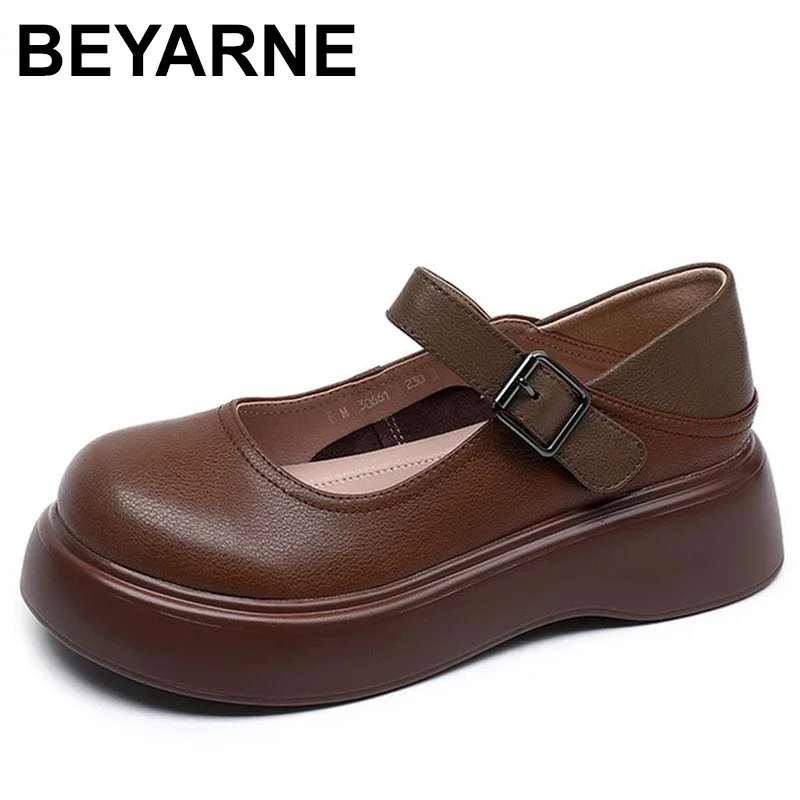 

Platform Mary Janes Women Cow Leather Round Toe Metal Buckle Strap Chunky Sole Female Lolita Shoes Handmade Large Size