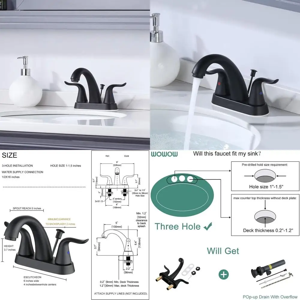 

Matte Black 2-Handle Centerset 4-Inch Bathroom Sink Faucet with 3-Hole Lava Lava Rod Drain Stopper