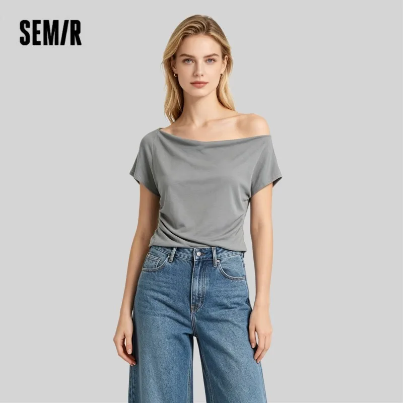 T-shirt Femme Semir 2026 Style Court Col Drapé Fendu Froncé Coupe Slim Manches Raglan Mode Décontractée