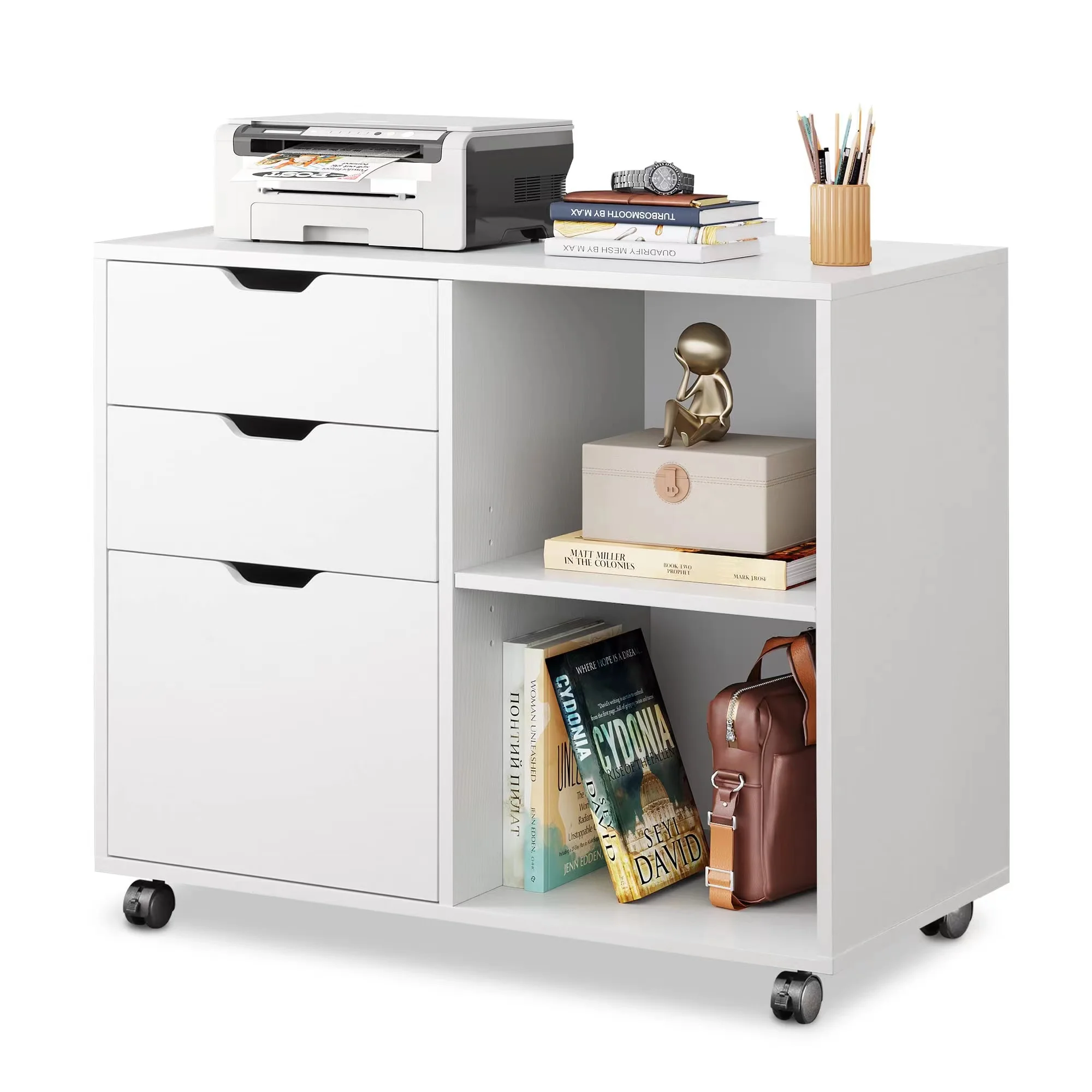 3-Drawer Wood File Cabinet, Mobile Lateral Filing Cabinet, Printer Stand With Open Storage Shelves for Home Office