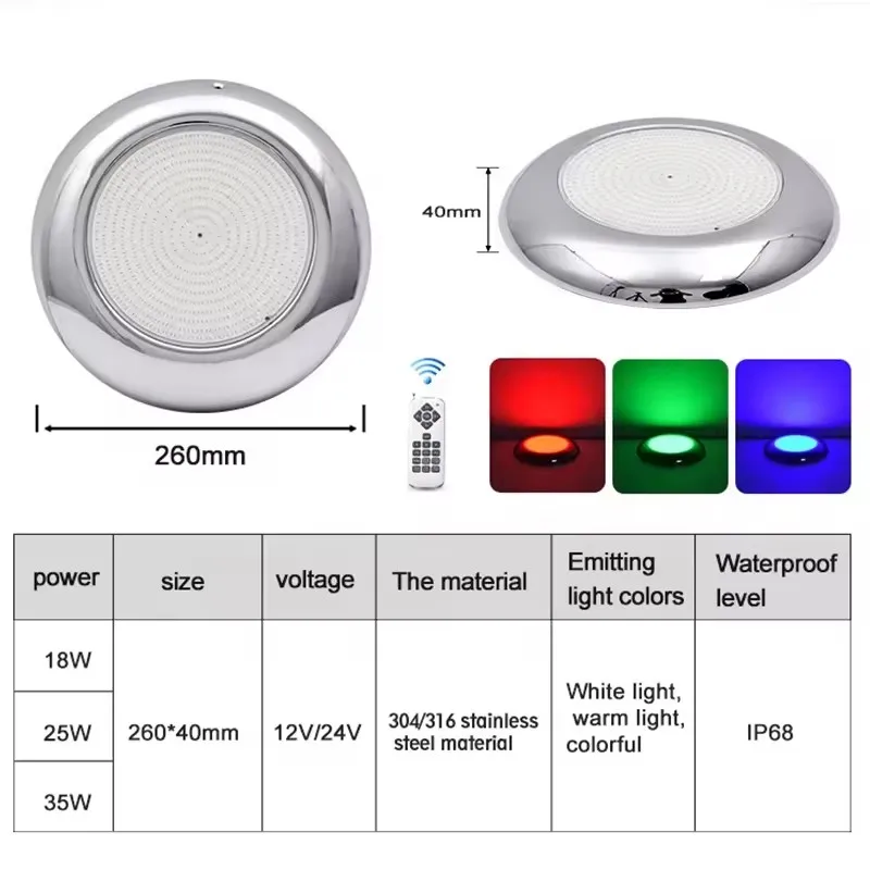 Wall mounted 18W 25W 35W LED pool light 304 stainless steel underwater light 12V RGB  for hotel fountain home pool lighting