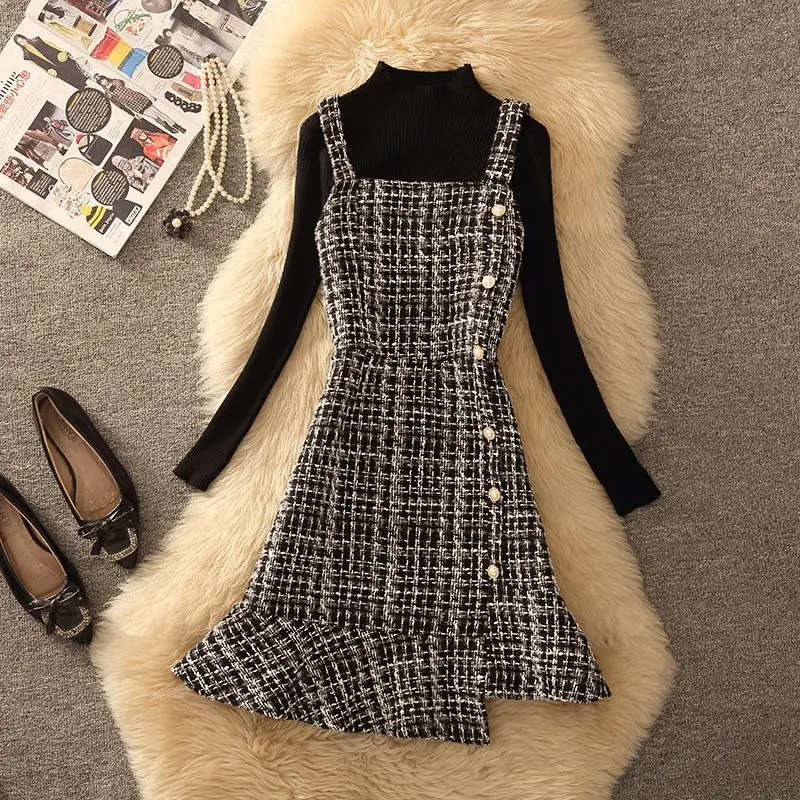 Spring Autumn Women Graceful Pink Tweed Vest Dress Sweater 2 Piece Set Asymmetric Overall Tank Dresses Knit Tops Outfits